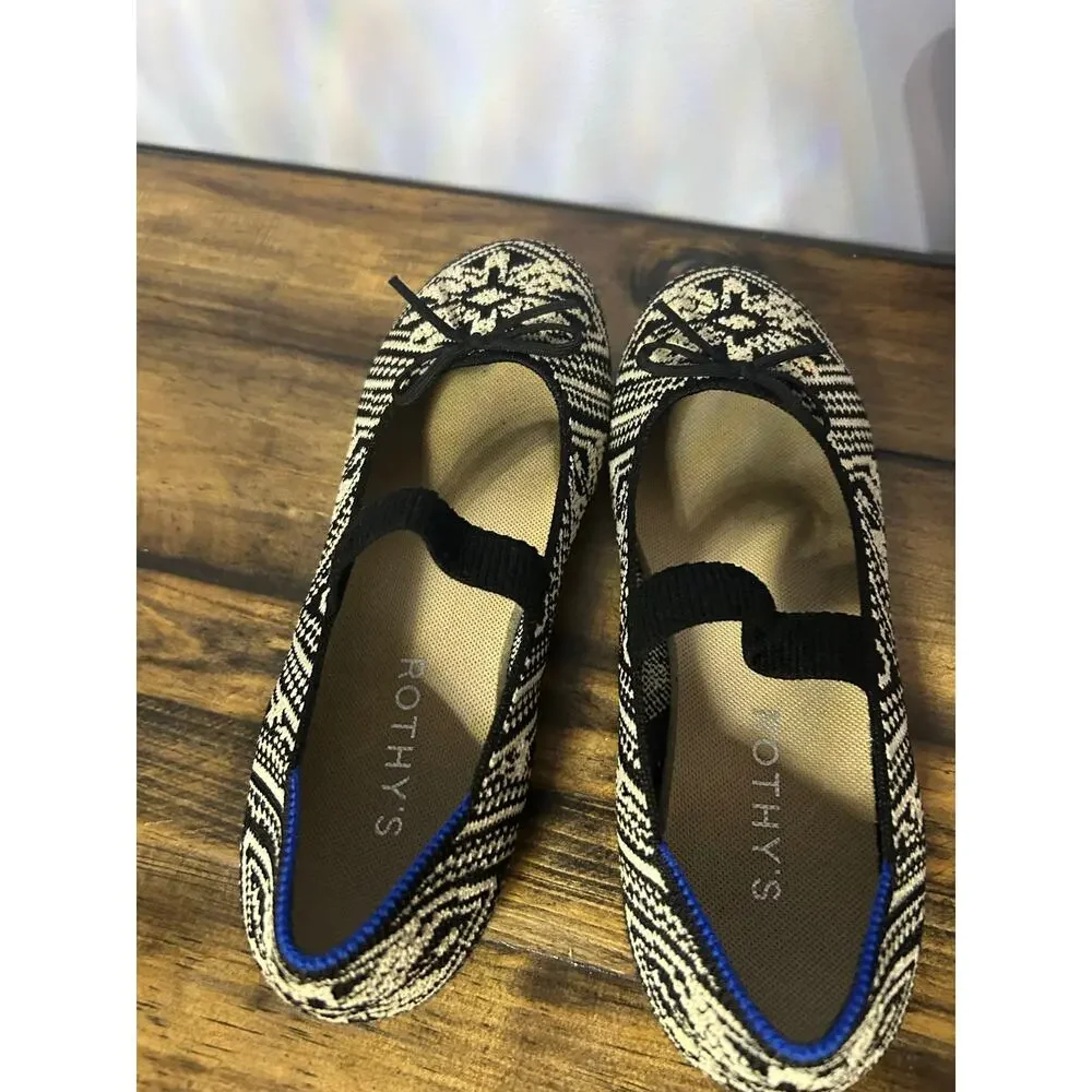 Rothy's Kids Sz 4 Bow Mary Jane Black & Cream Mosaic Pattern Back to School
